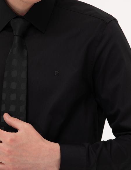 Siyah Parlak Saten Slim Fit Uzun Kollu Basic Gömlek - 50268201022