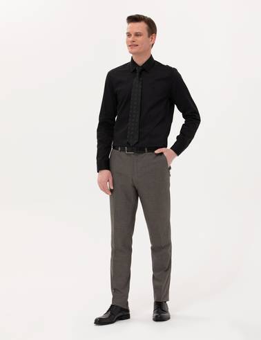 Siyah %100 Pamuk Parlak Saten Slim Fit Uzun Kollu Basic Gömlek
