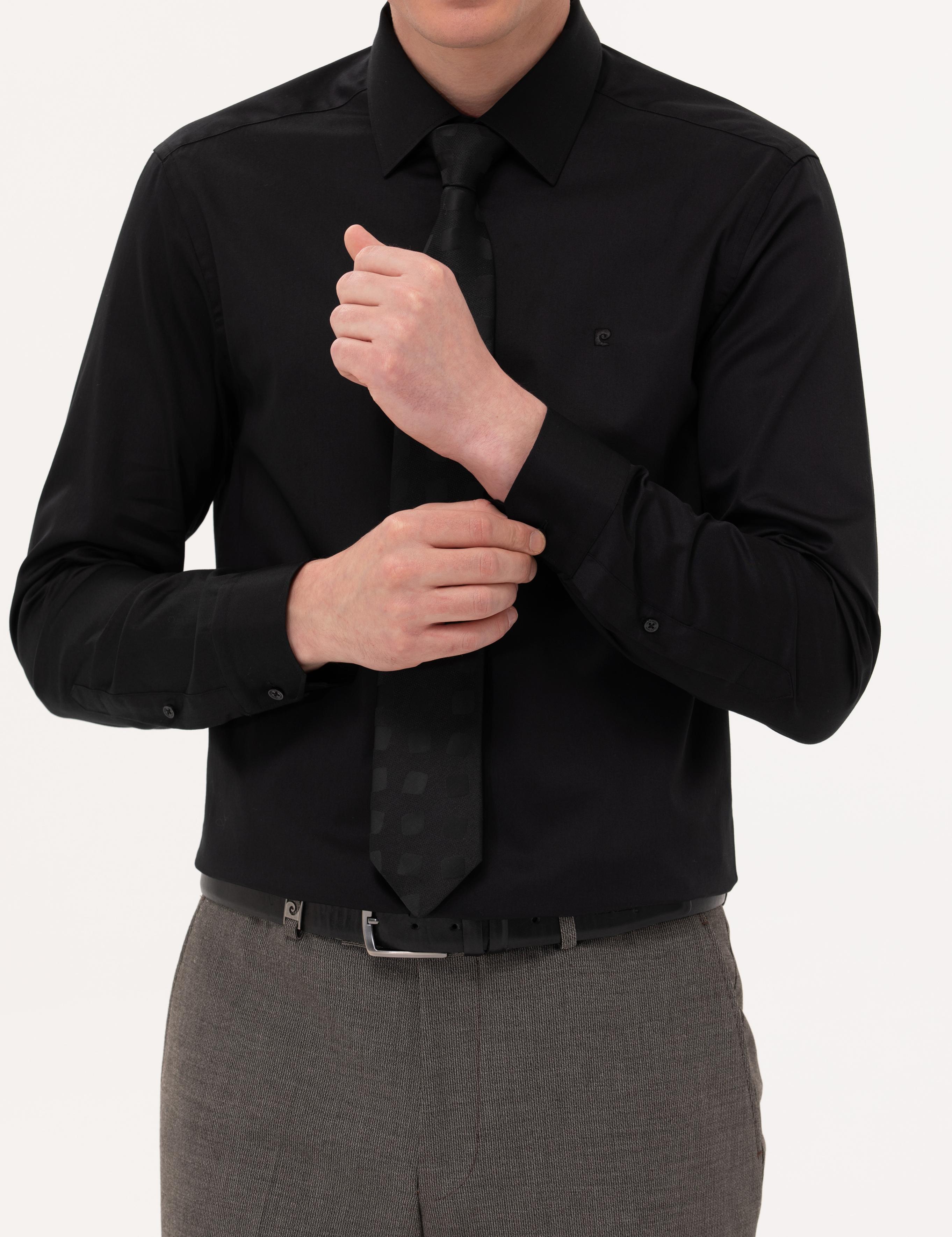 Siyah Parlak Saten Slim Fit Uzun Kollu Basic Gömlek