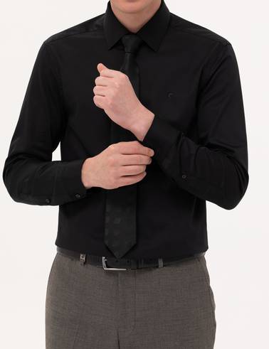 Siyah %100 Pamuk Parlak Saten Slim Fit Uzun Kollu Basic Gömlek