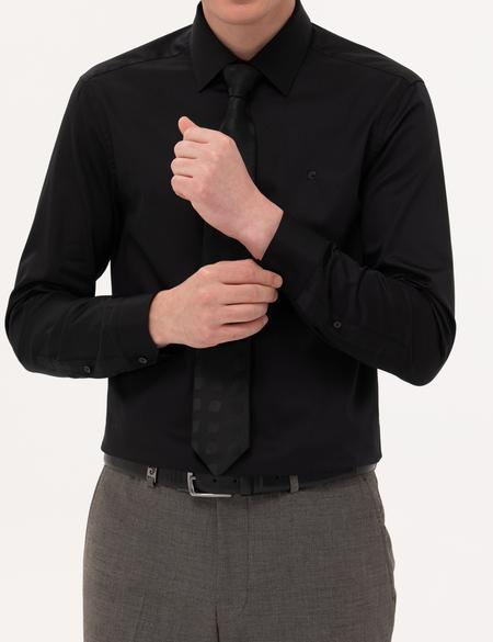 Siyah Parlak Saten Slim Fit Uzun Kollu Basic Gömlek - 50268201022