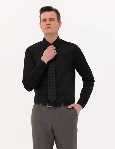 Siyah %100 Pamuk Parlak Saten Slim Fit Uzun Kollu Basic Gömlek