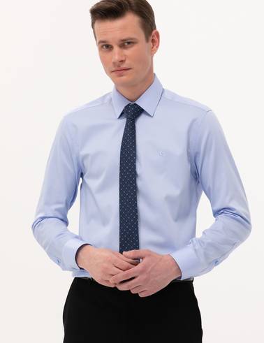 Koyu Mavi %100 Pamuk Parlak Saten Slim Fit Uzun Kollu Basic Gömlek
