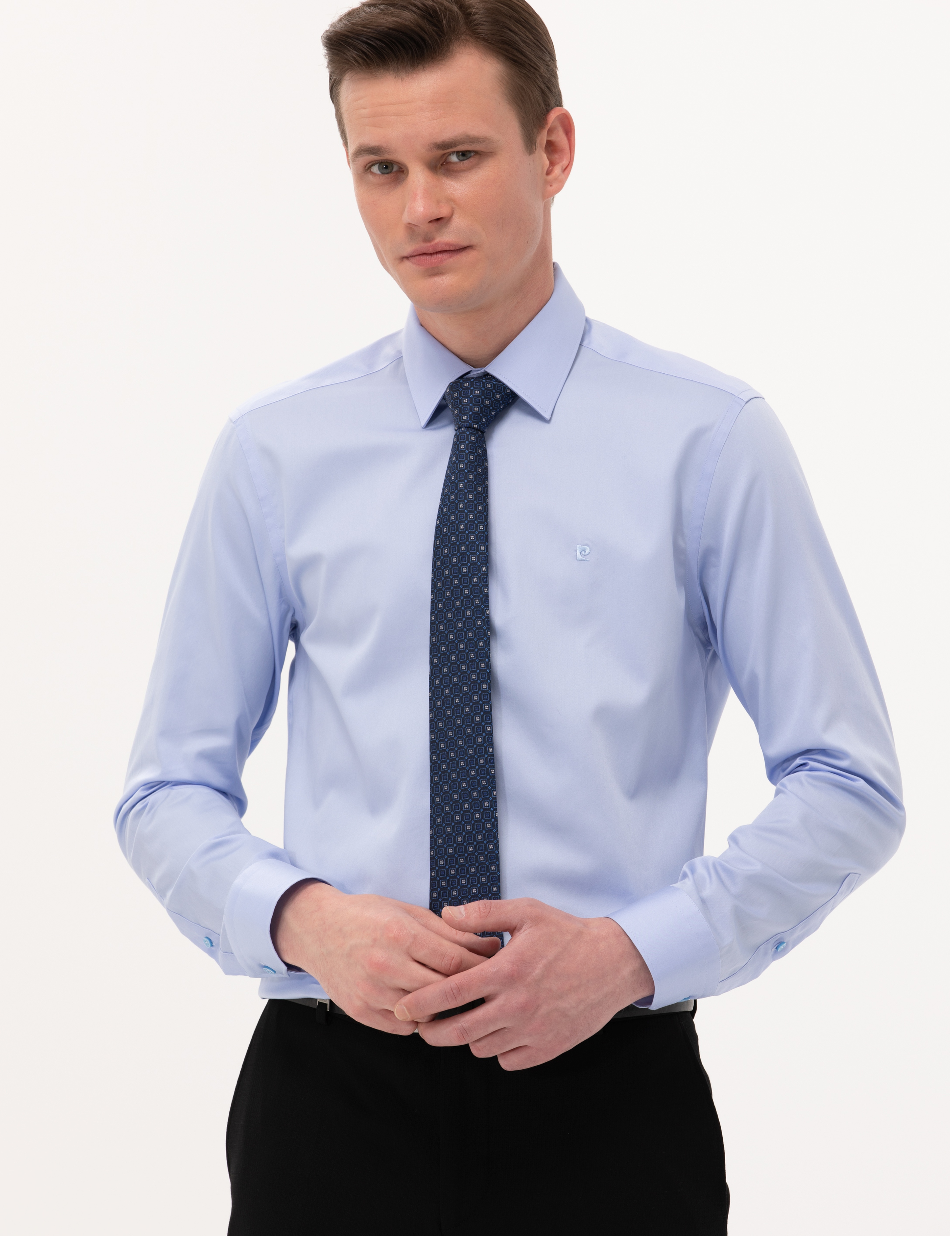 Koyu Mavi %100 Pamuk Parlak Saten Slim Fit Uzun Kollu Basic Gömlek