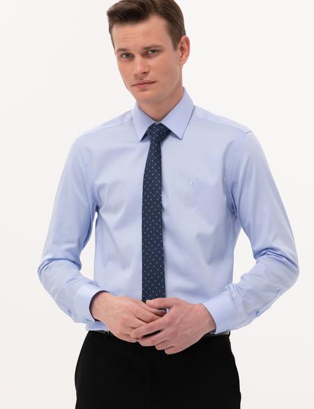 Koyu Mavi Parlak Saten Slim Fit Uzun Kollu Basic Gömlek - 50268201029
