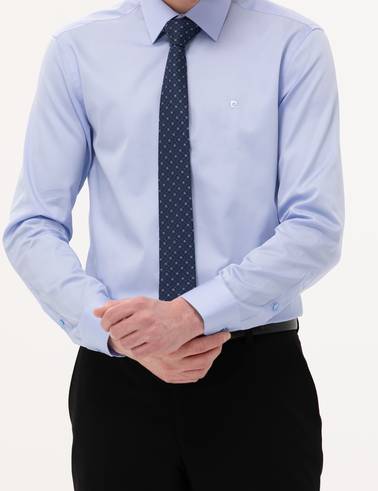 Koyu Mavi %100 Pamuk Parlak Saten Slim Fit Uzun Kollu Basic Gömlek