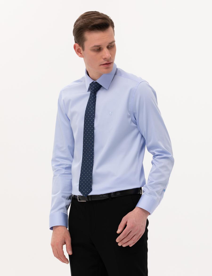 Koyu Mavi Parlak Saten Slim Fit Uzun Kollu Basic Gömlek