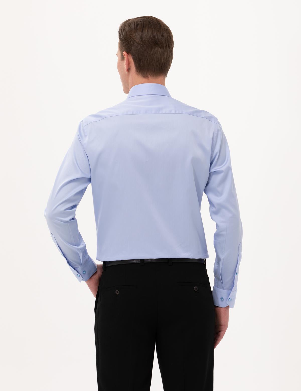 Koyu Mavi Parlak Saten Slim Fit Uzun Kollu Basic Gömlek - 50268201029