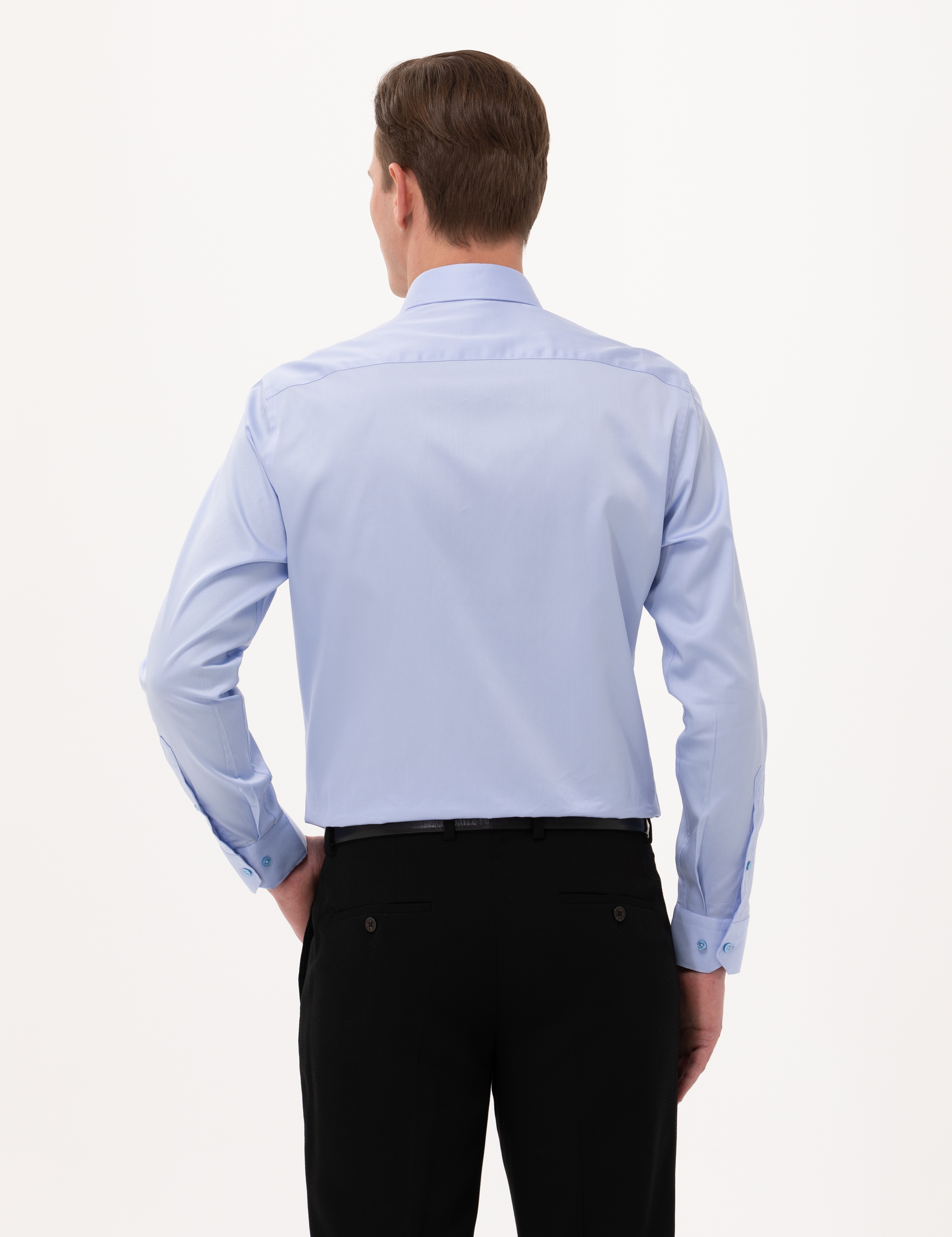 Koyu Mavi %100 Pamuk Parlak Saten Slim Fit Uzun Kollu Basic Gömlek - Image 5