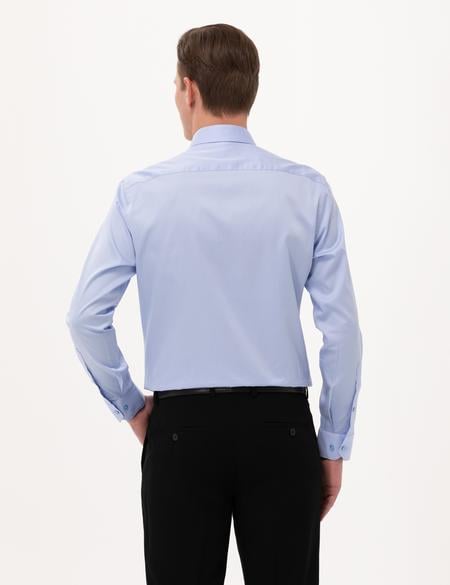Koyu Mavi Parlak Saten Slim Fit Uzun Kollu Basic Gömlek - 50268201029