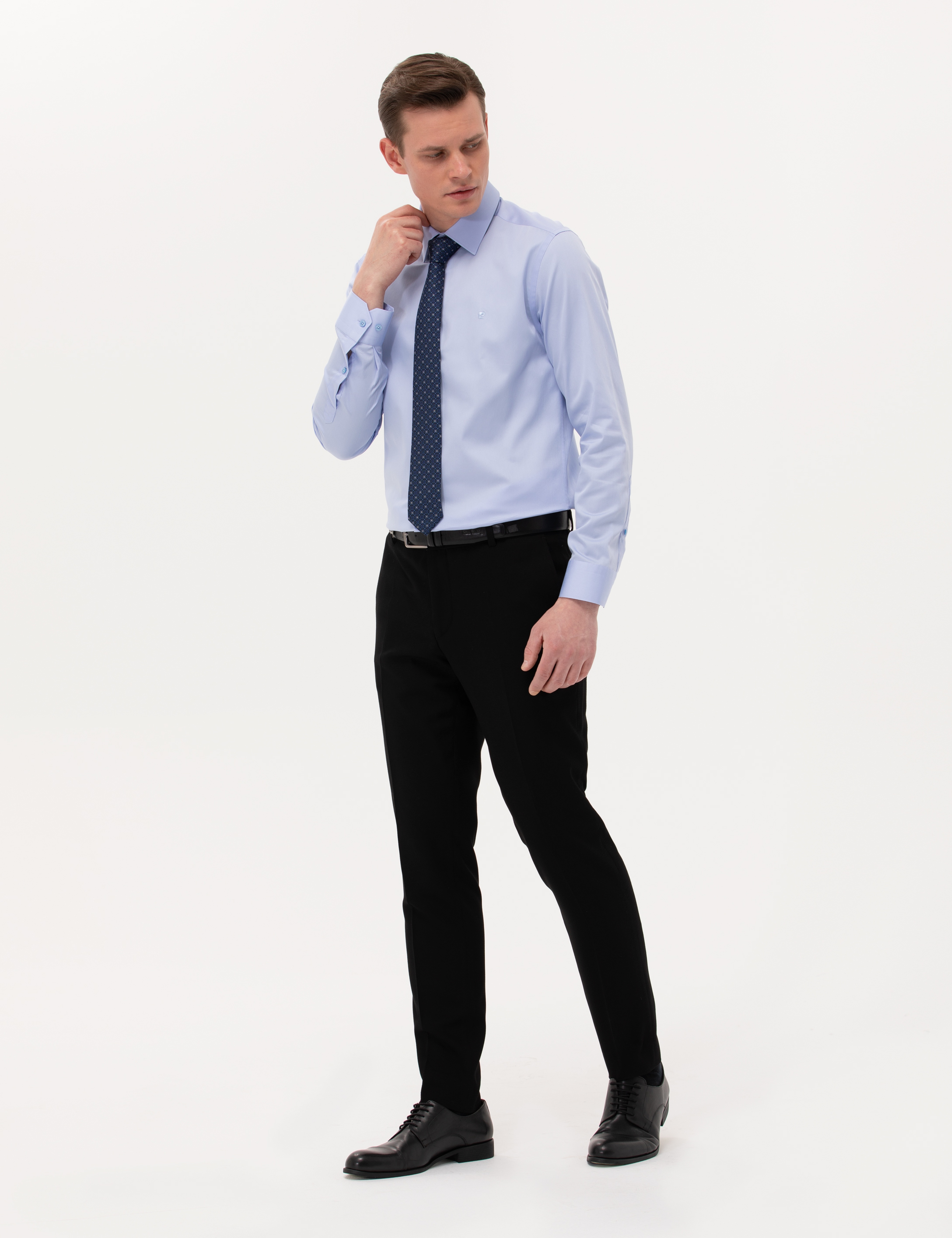 Koyu Mavi %100 Pamuk Parlak Saten Slim Fit Uzun Kollu Basic Gömlek - Image 4