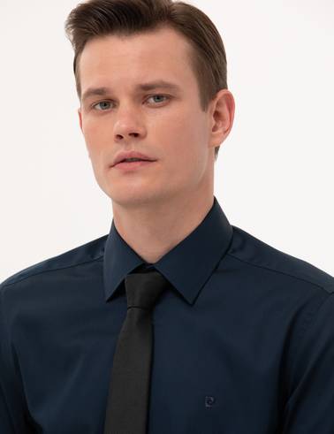 Lacivert Parlak Saten Slim Fit Uzun Kollu Basic Gömlek