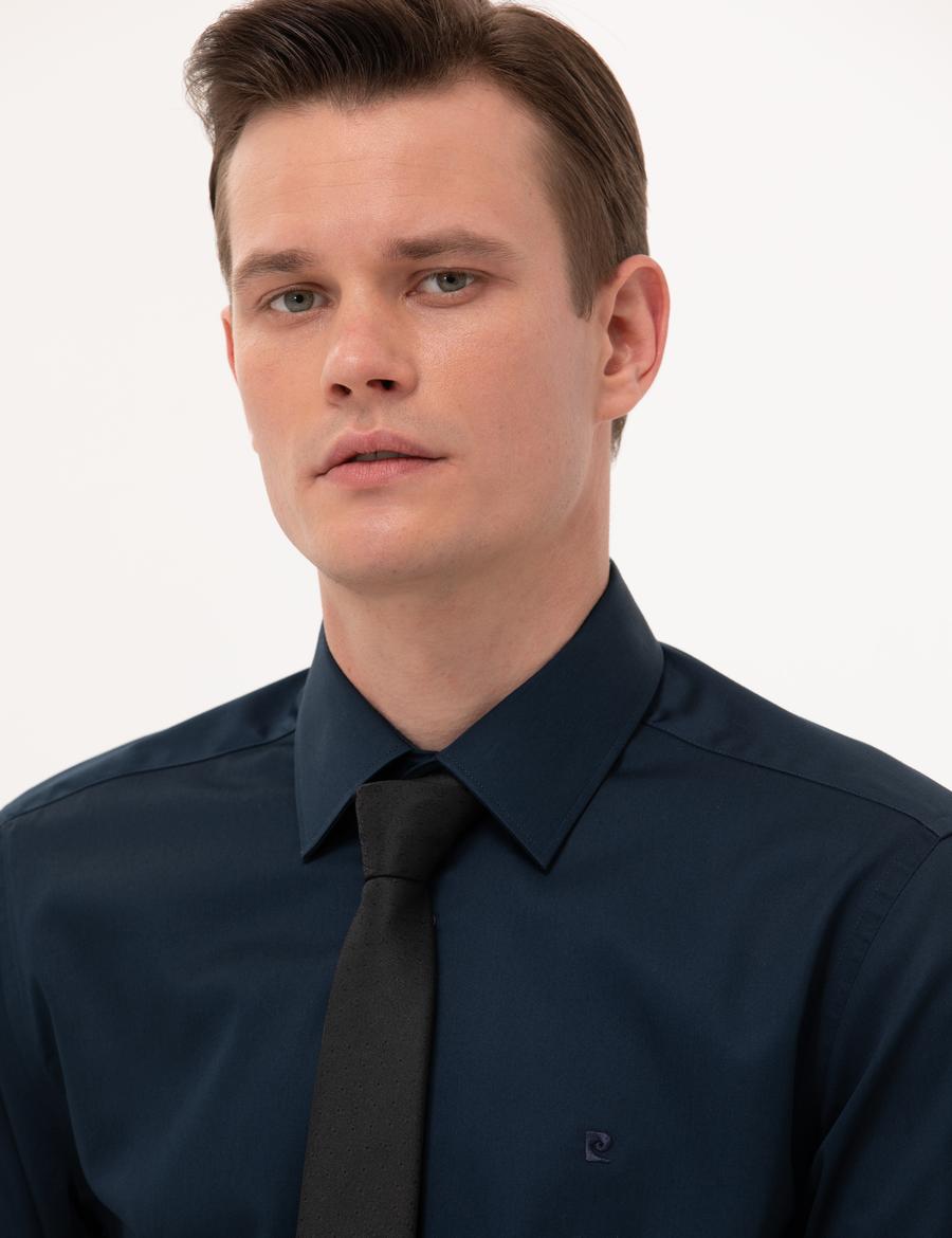 Lacivert Parlak Saten Slim Fit Uzun Kollu Basic Gömlek