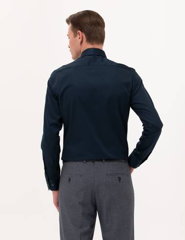 Lacivert Parlak Saten Slim Fit Uzun Kollu Basic Gömlek