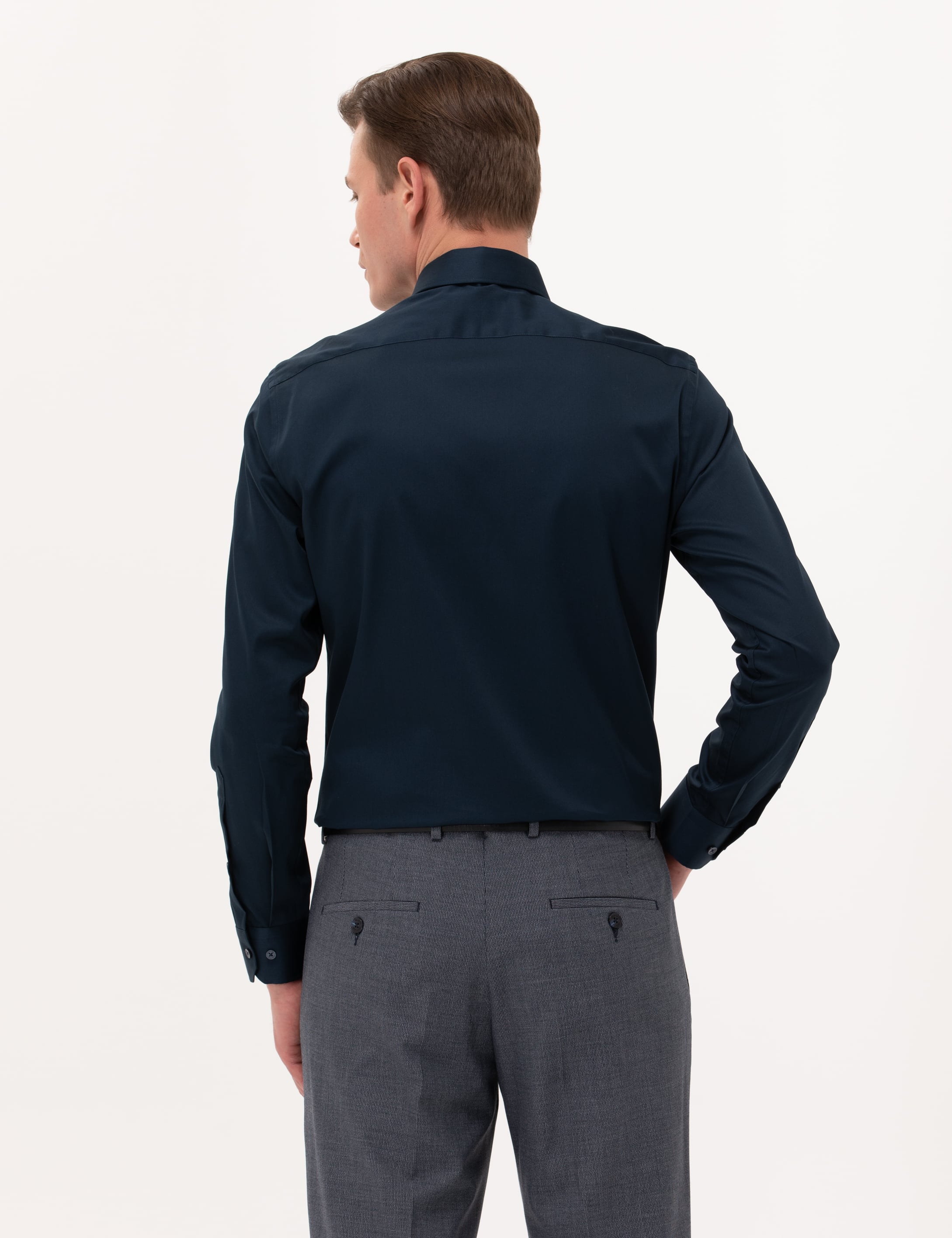 Lacivert %100 Pamuk Parlak Saten Slim Fit Uzun Kollu Basic Gömlek - Image 5