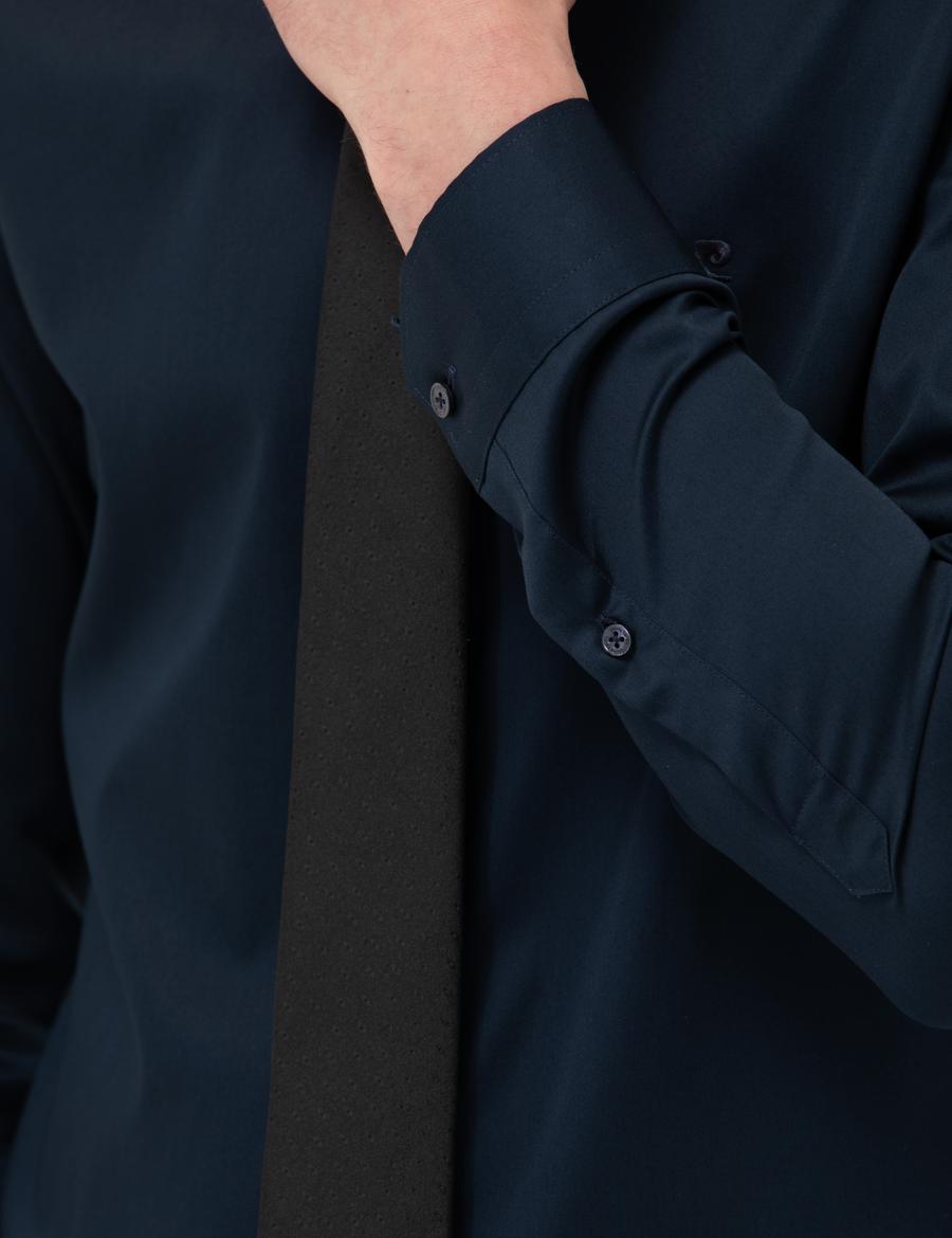 Lacivert Parlak Saten Slim Fit Uzun Kollu Basic Gömlek