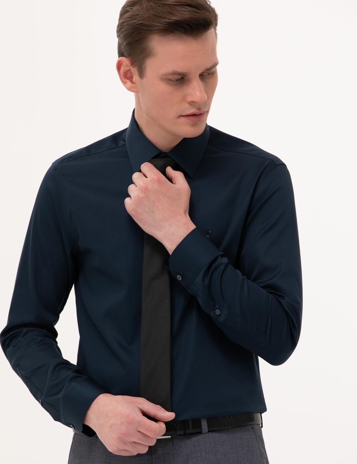 Lacivert Parlak Saten Slim Fit Uzun Kollu Basic Gömlek - 50268201039