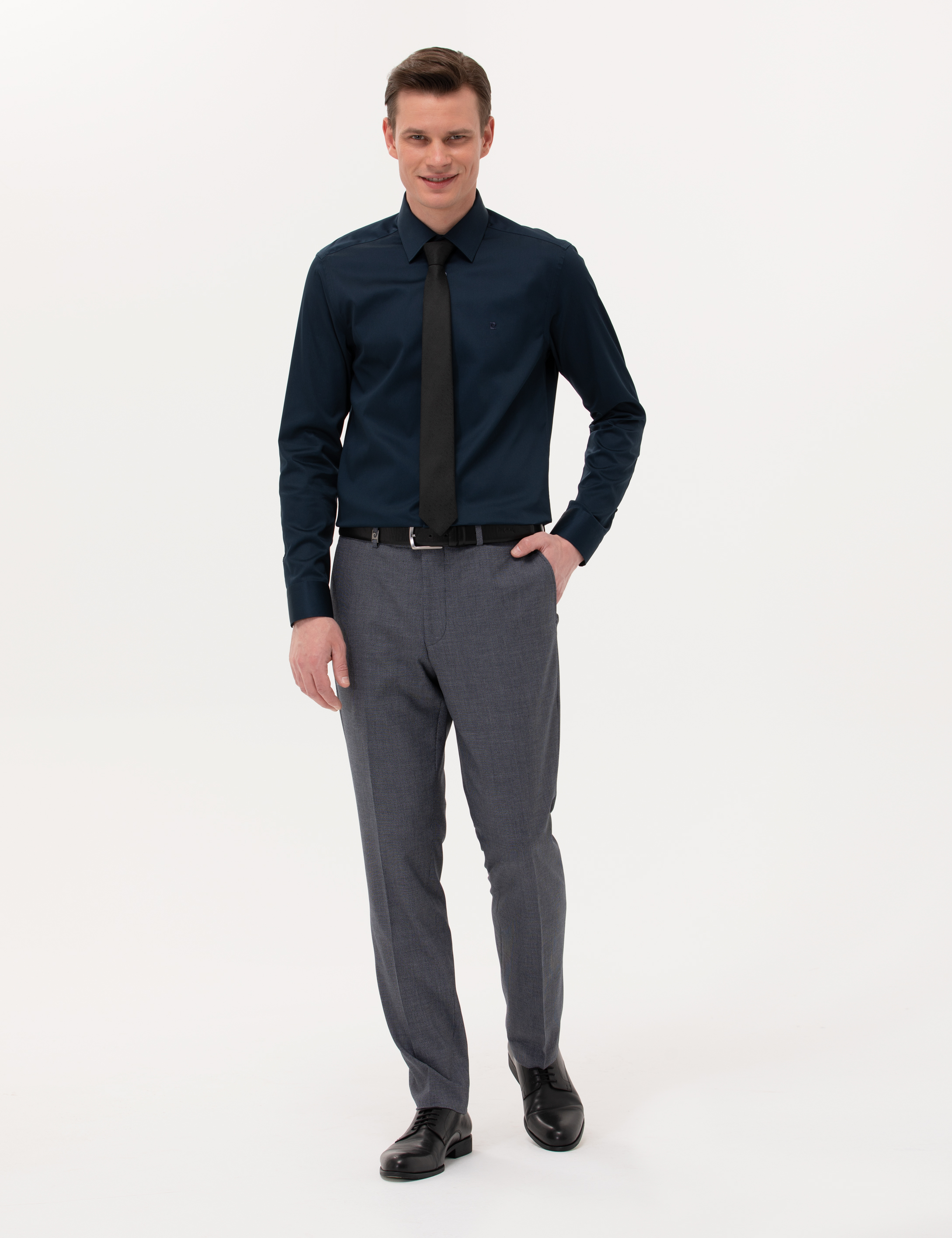 Pierre Cardin Lacivert %100 Pamuk Parlak Saten Slim Fit Uzun Kollu Basic Gömlek görsel 4