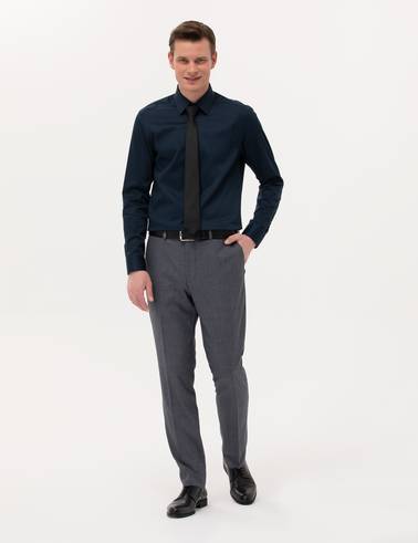 Lacivert Parlak Saten Slim Fit Uzun Kollu Basic Gömlek