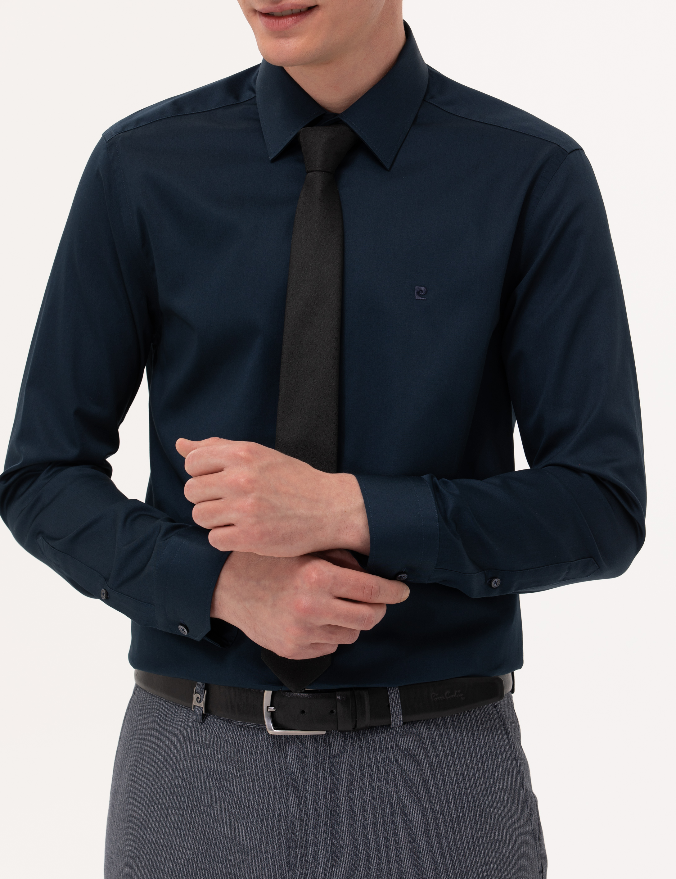 Pierre Cardin Lacivert %100 Pamuk Parlak Saten Slim Fit Uzun Kollu Basic Gömlek görsel 6