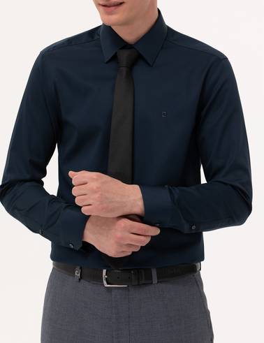 Lacivert Parlak Saten Slim Fit Uzun Kollu Basic Gömlek