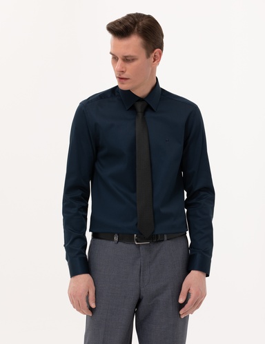 Lacivert %100 Pamuk Parlak Saten Slim Fit Uzun Kollu Basic Gömlek
