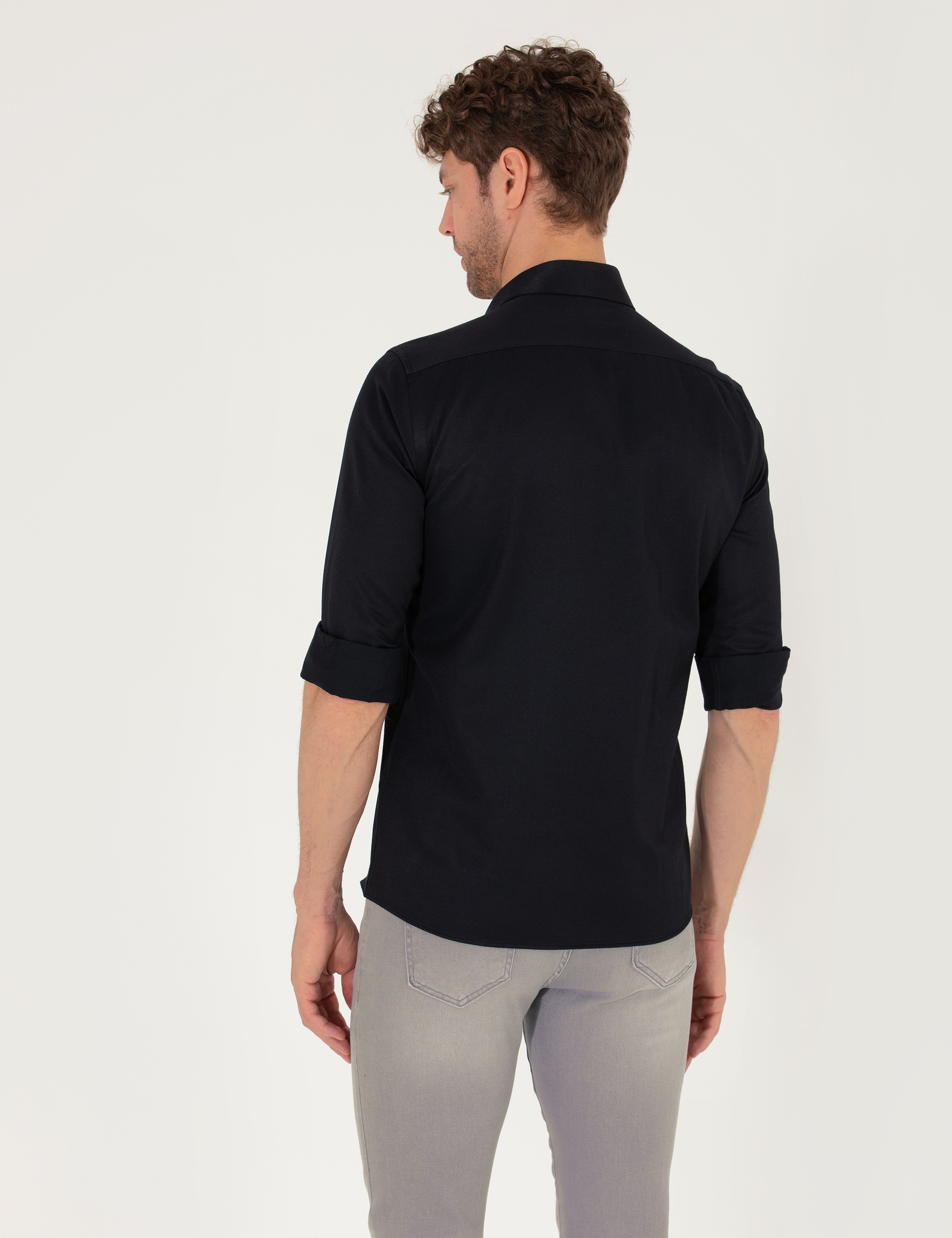 Siyah Slim Fit Uzun Kollu Gömlek - Image 5