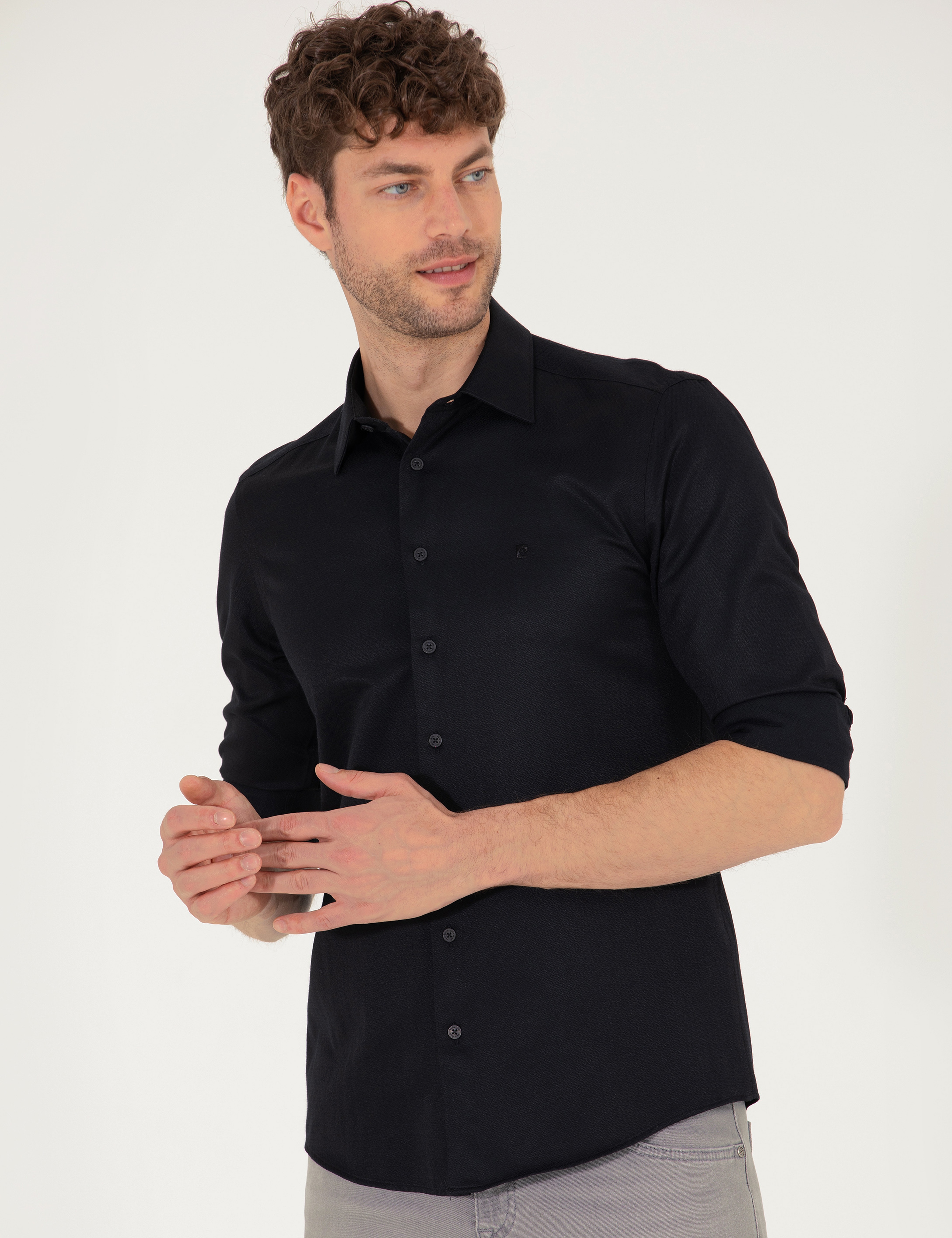 Siyah Slim Fit Uzun Kollu Gömlek - Image 2