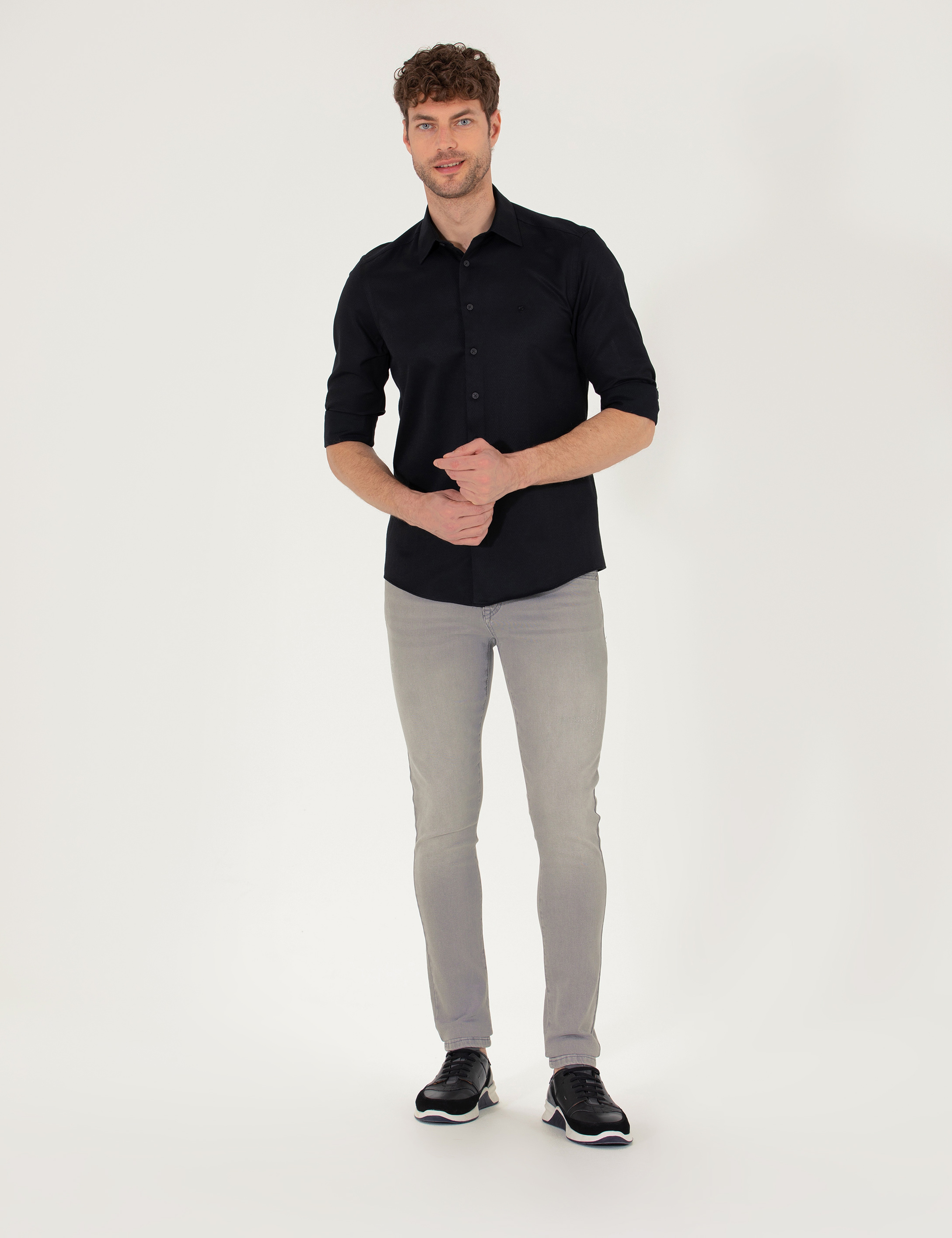 Siyah Slim Fit Uzun Kollu Gömlek - Image 4