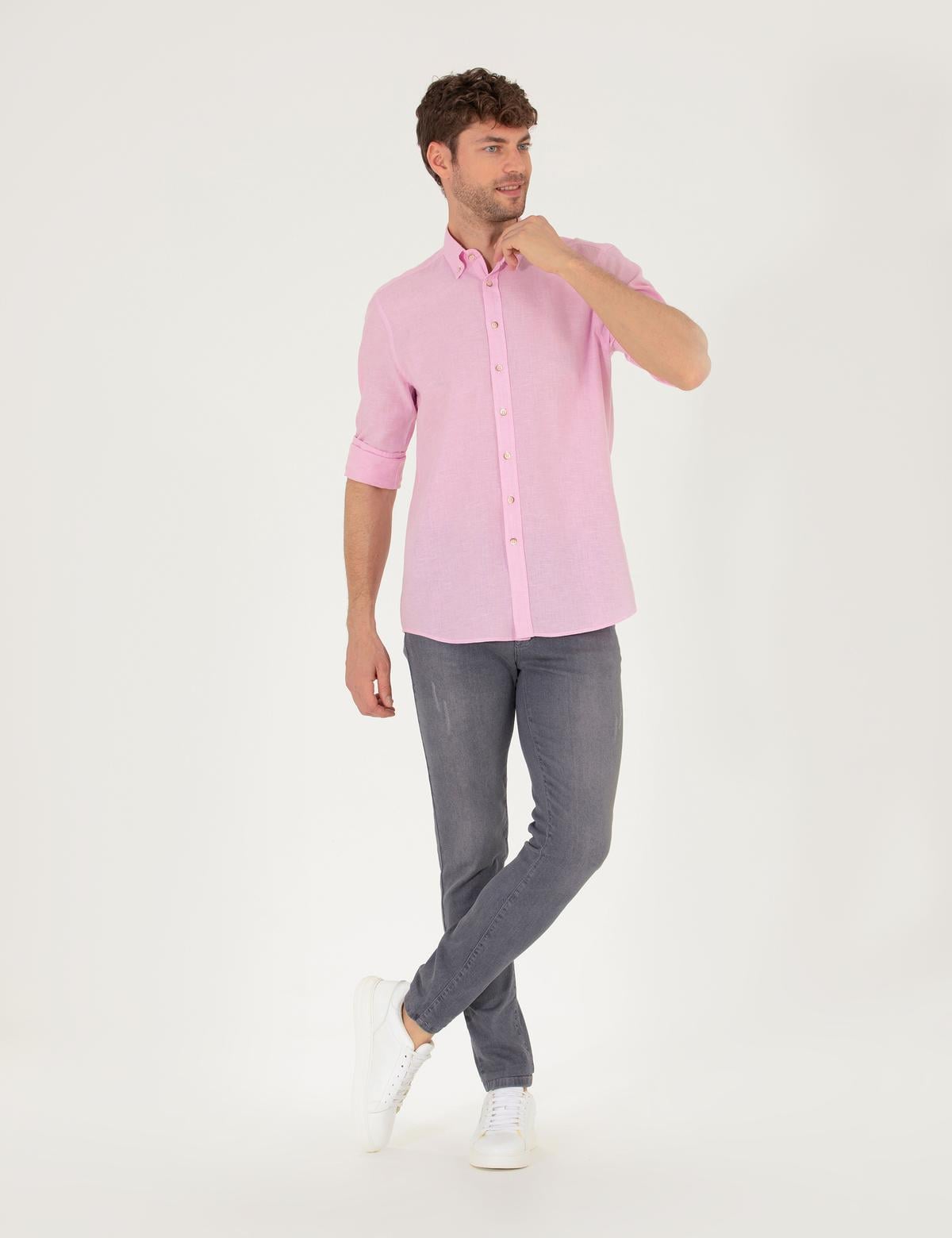 Pembe Keten Karışımlı Regular Fit Uzun Kollu Gömlek - 50265119097