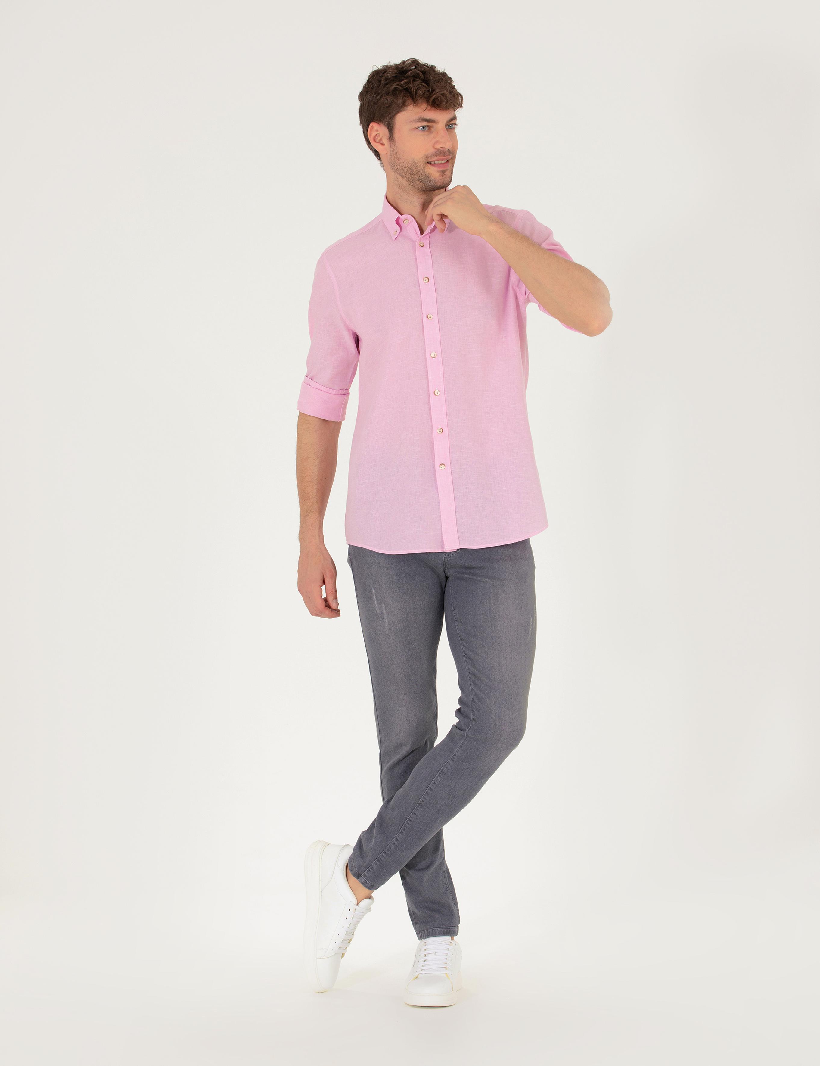 Pembe Keten Karışımlı Regular Fit Uzun Kollu Gömlek