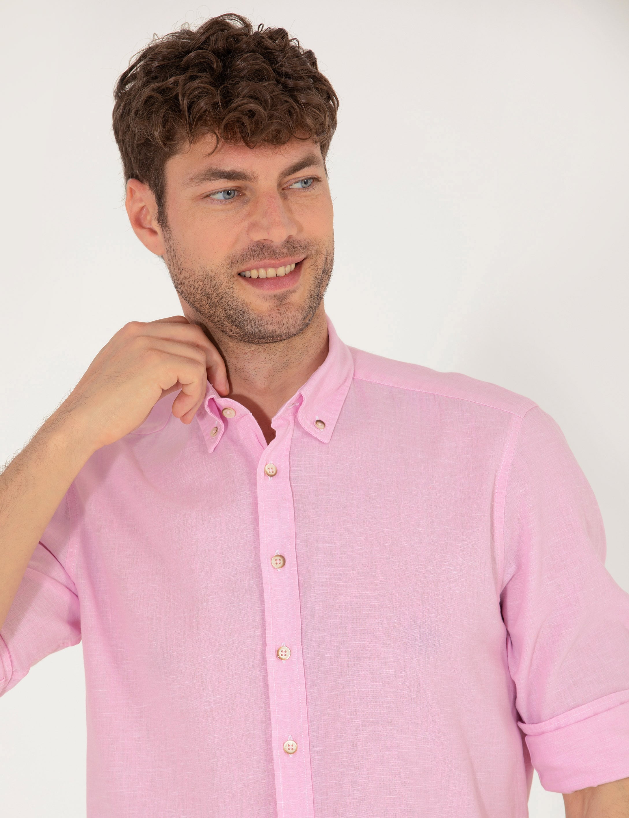 Pierre Cardin Pembe Keten Karışımlı Regular Fit Uzun Kollu Gömlek görsel 3