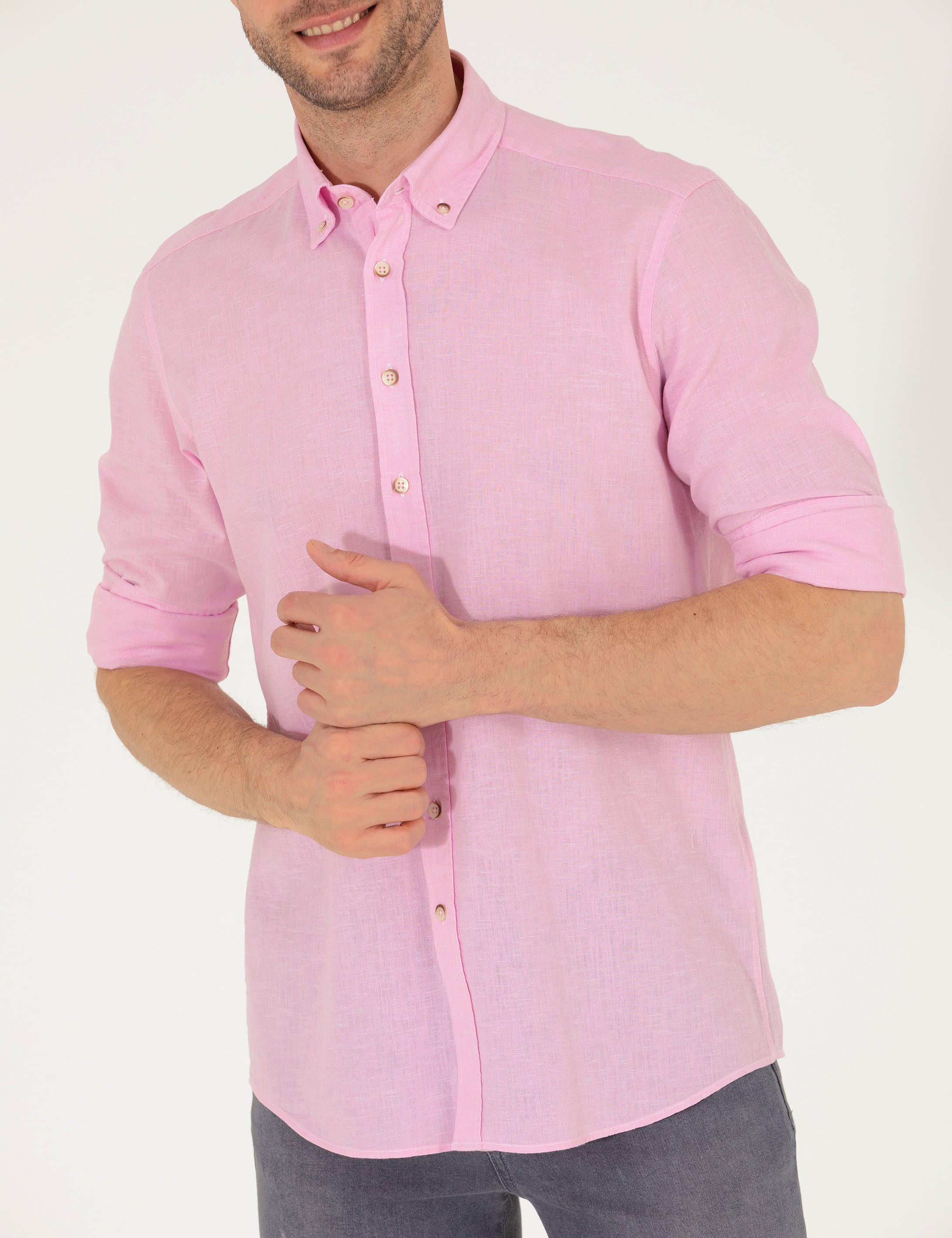 Pierre Cardin Pembe Keten Karışımlı Regular Fit Uzun Kollu Gömlek görsel 6