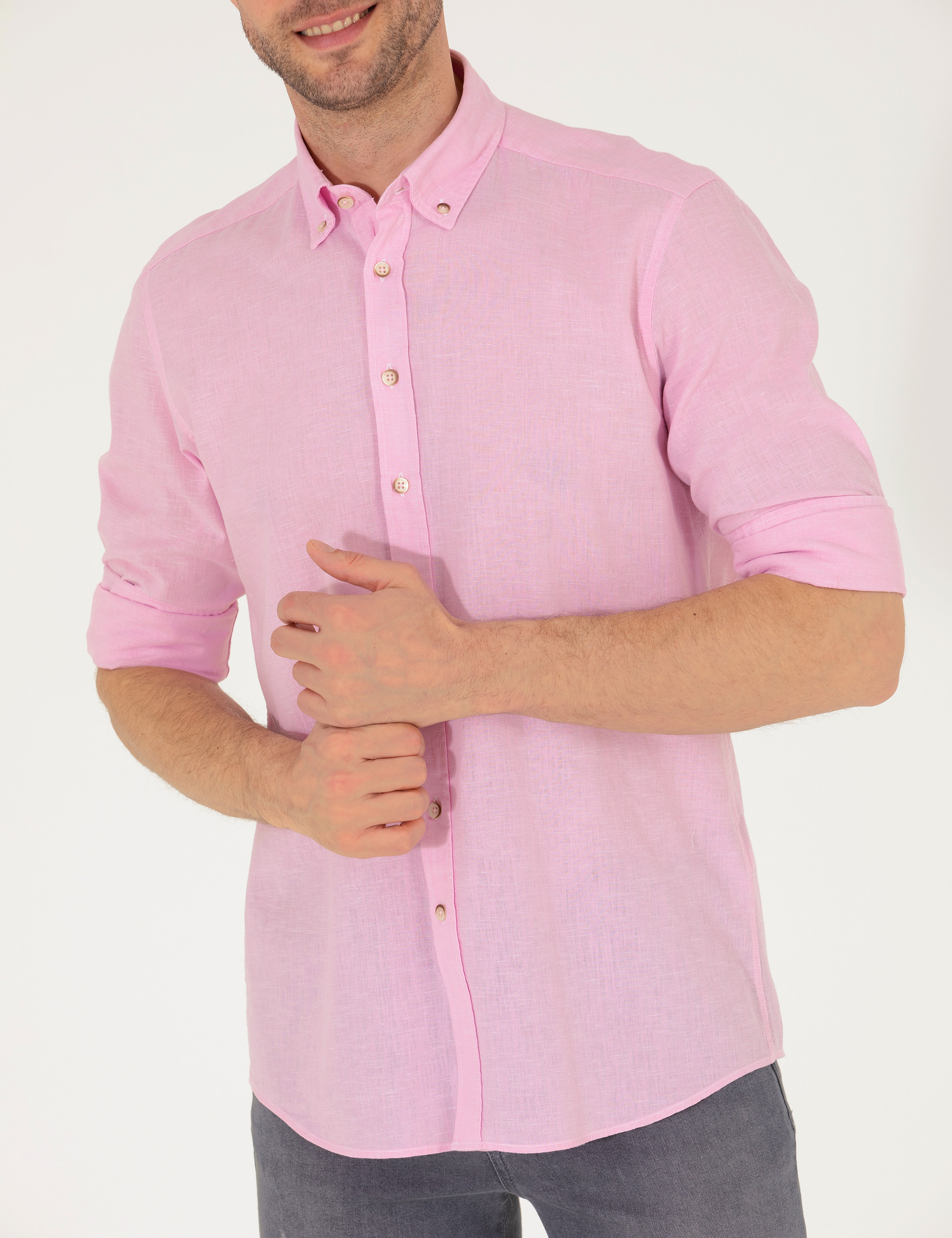 Pembe Keten Karışımlı Regular Fit Uzun Kollu Gömlek - Image 6