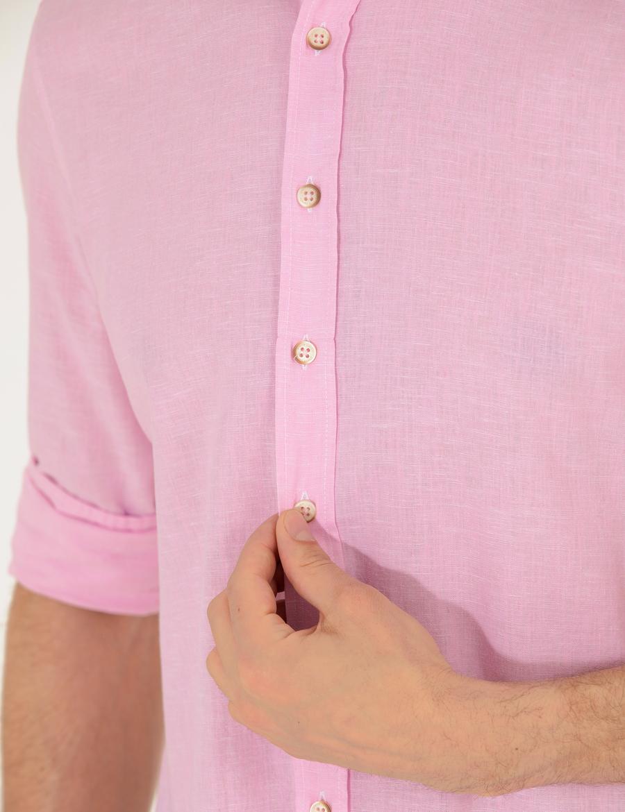Pembe Keten Karışımlı Regular Fit Uzun Kollu Gömlek