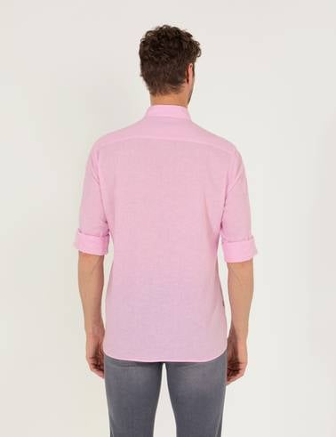 Pembe Keten Karışımlı Regular Fit Uzun Kollu Gömlek
