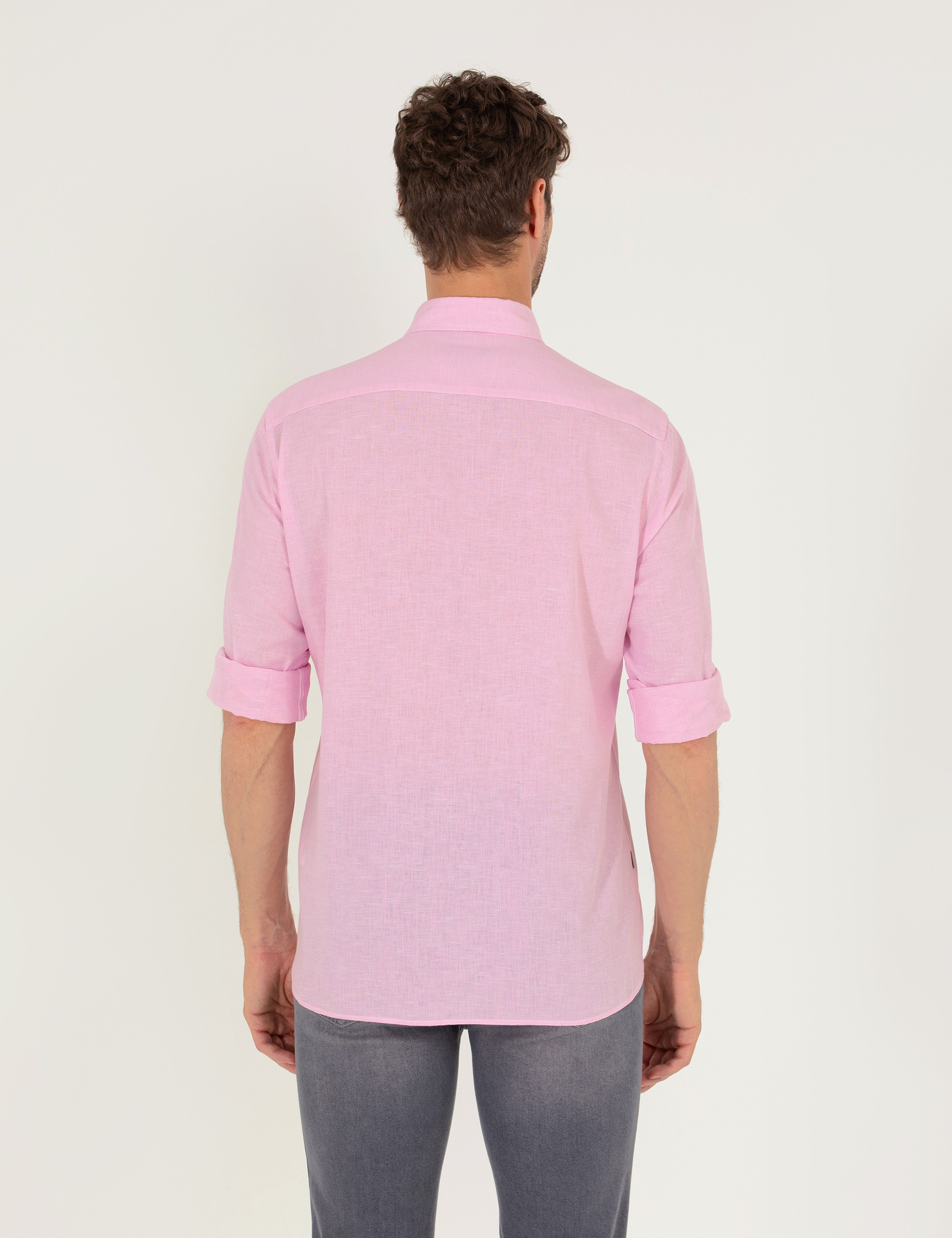 Pembe Keten Karışımlı Regular Fit Uzun Kollu Gömlek - Image 5