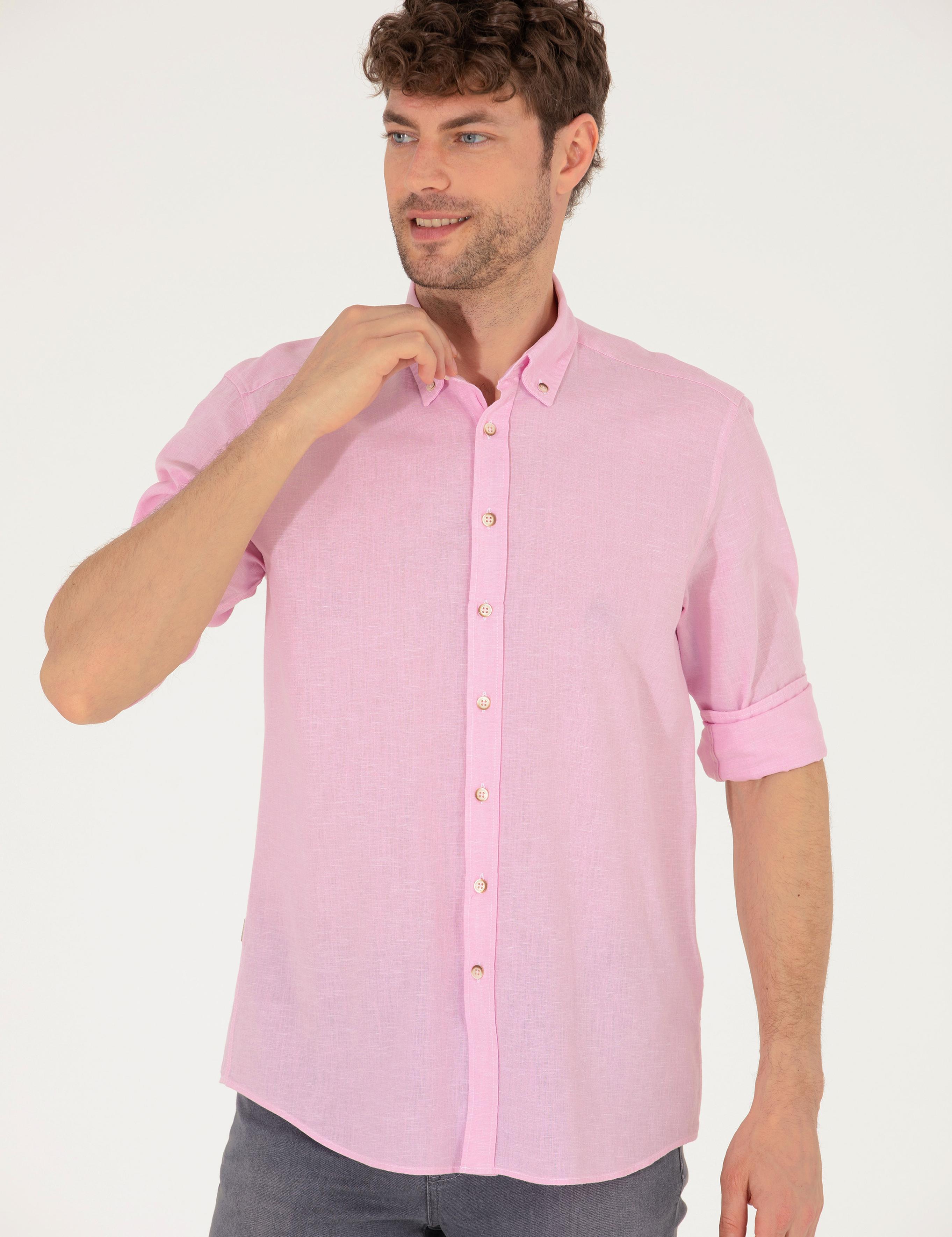 Pembe Keten Karışımlı Regular Fit Uzun Kollu Gömlek
