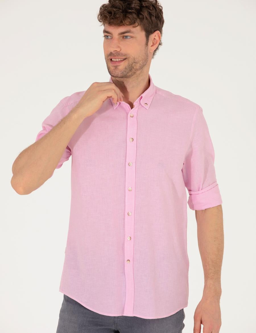 Pembe Keten Karışımlı Regular Fit Uzun Kollu Gömlek