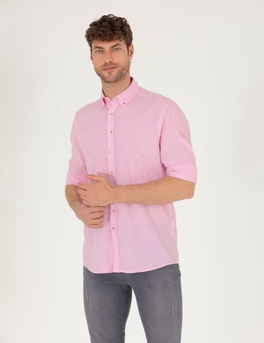Pembe Keten Karışımlı Regular Fit Uzun Kollu Gömlek