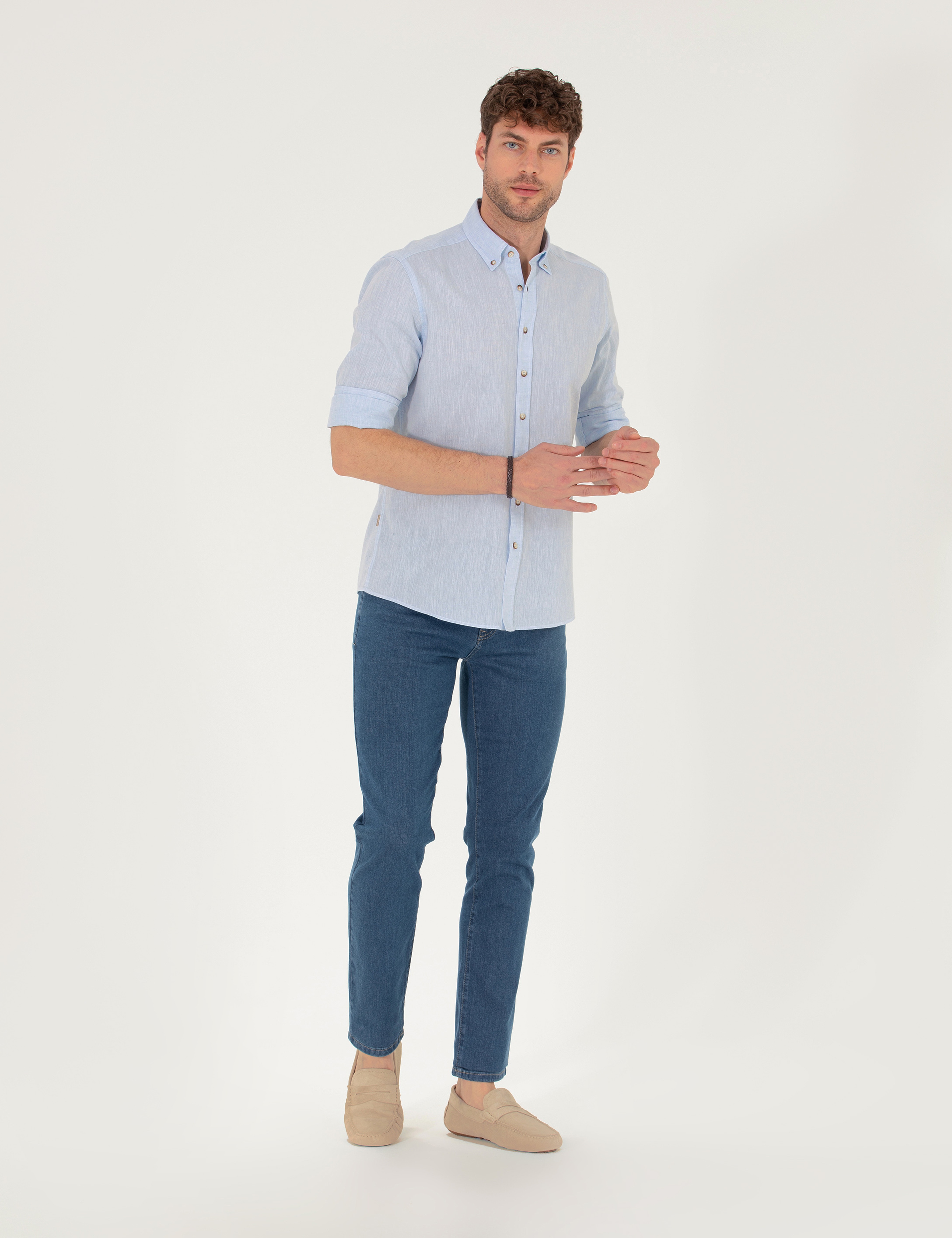 Açık Mavi Keten Karışımlı Regular Fit Uzun Kollu Gömlek - Image 4