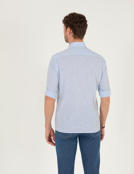Açık Mavi Keten Karışımlı Regular Fit Uzun Kollu Gömlek - 50265119089