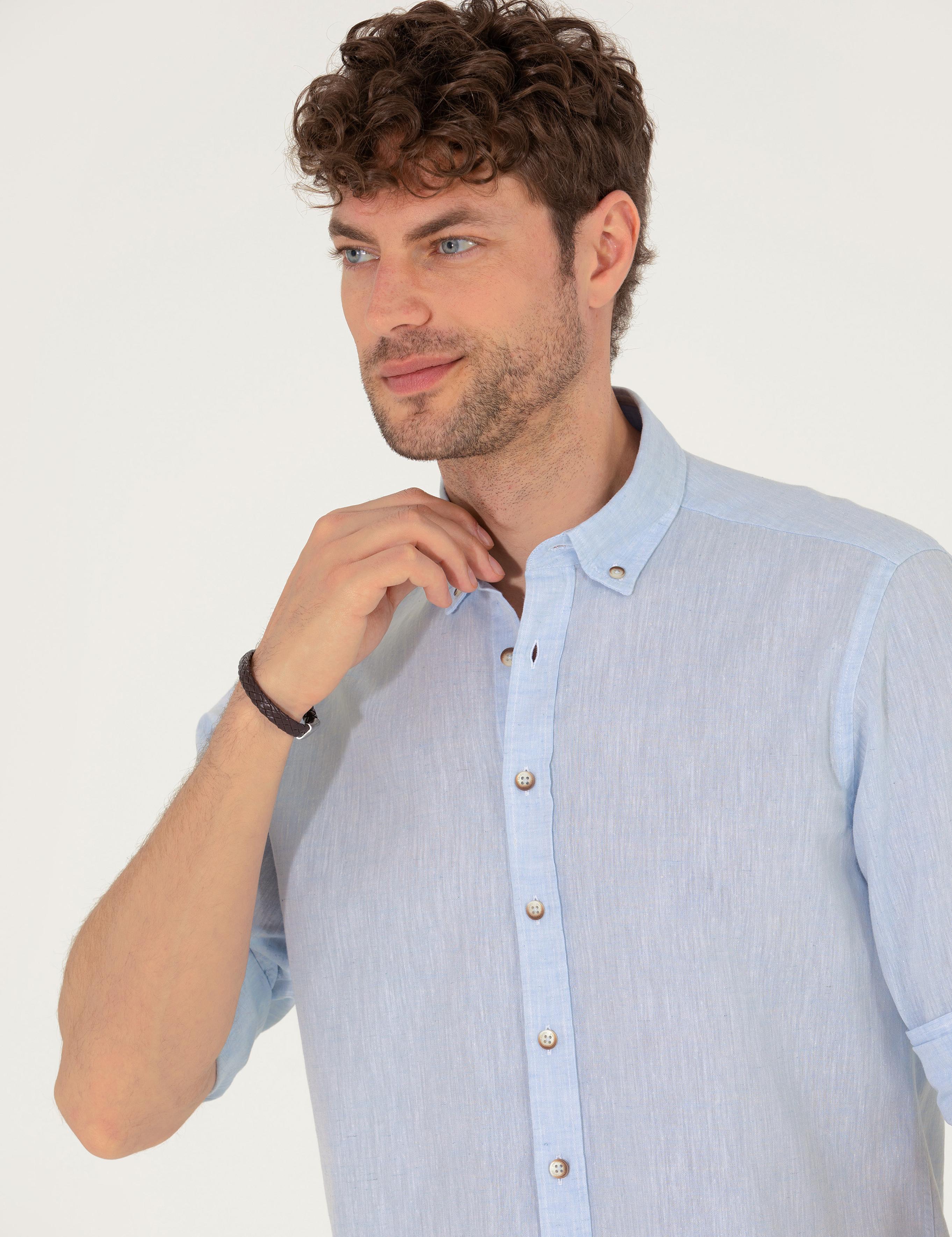 Açık Mavi Keten Karışımlı Regular Fit Uzun Kollu Gömlek