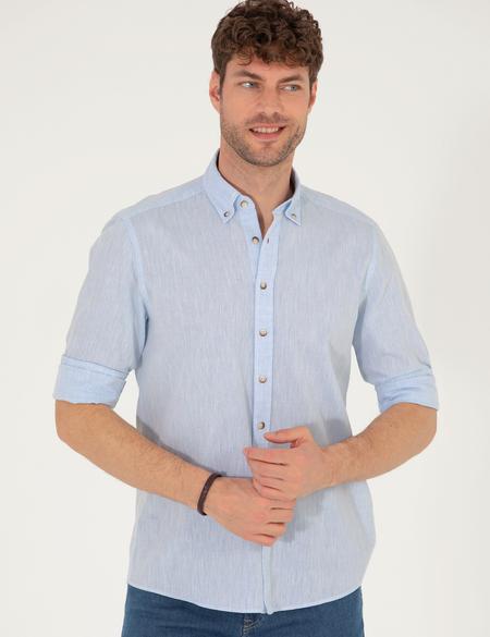 Açık Mavi Keten Karışımlı Regular Fit Uzun Kollu Gömlek - 50265119089