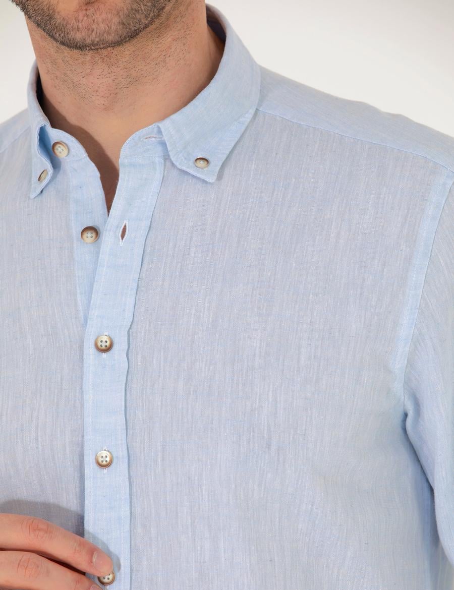 Açık Mavi Keten Karışımlı Regular Fit Uzun Kollu Gömlek