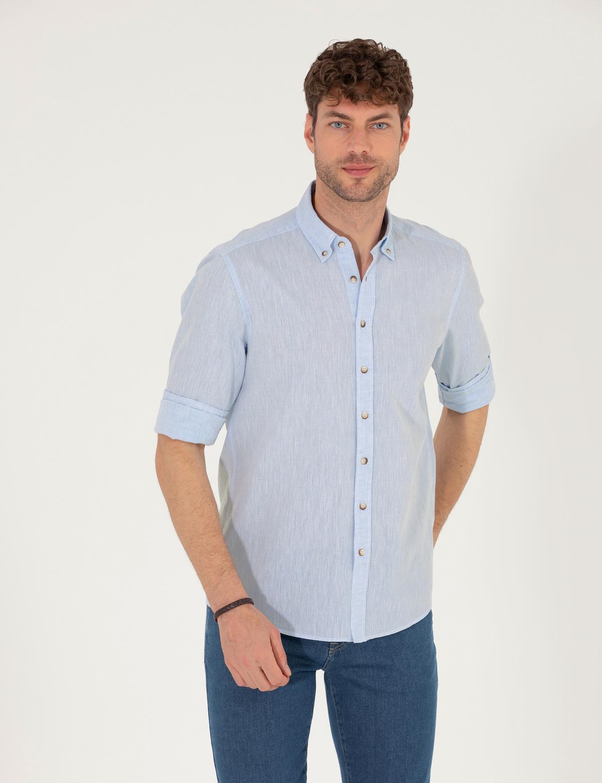 Açık Mavi Keten Karışımlı Regular Fit Uzun Kollu Gömlek