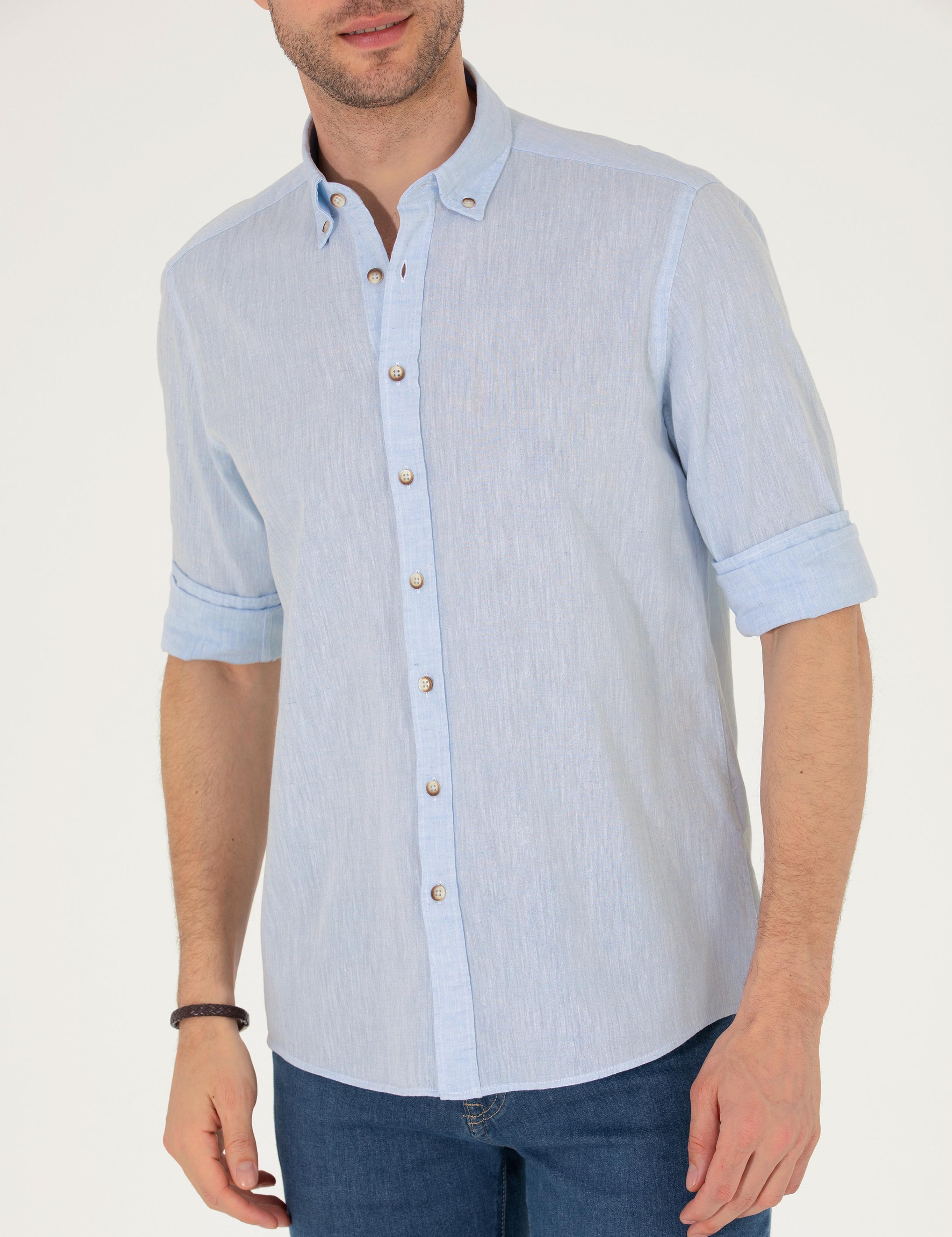 Açık Mavi Keten Karışımlı Regular Fit Uzun Kollu Gömlek