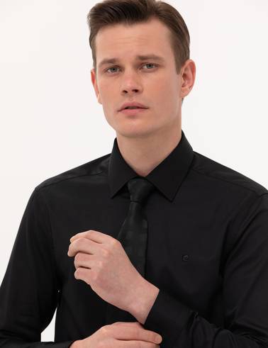Siyah %100 Pamuk Parlak Saten Slim Fit Uzun Kollu Basic Gömlek