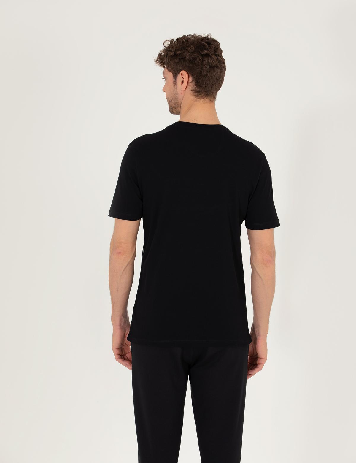 Siyah Slim Fit Baskılı Bisiklet Yaka Tişört - 50262615023