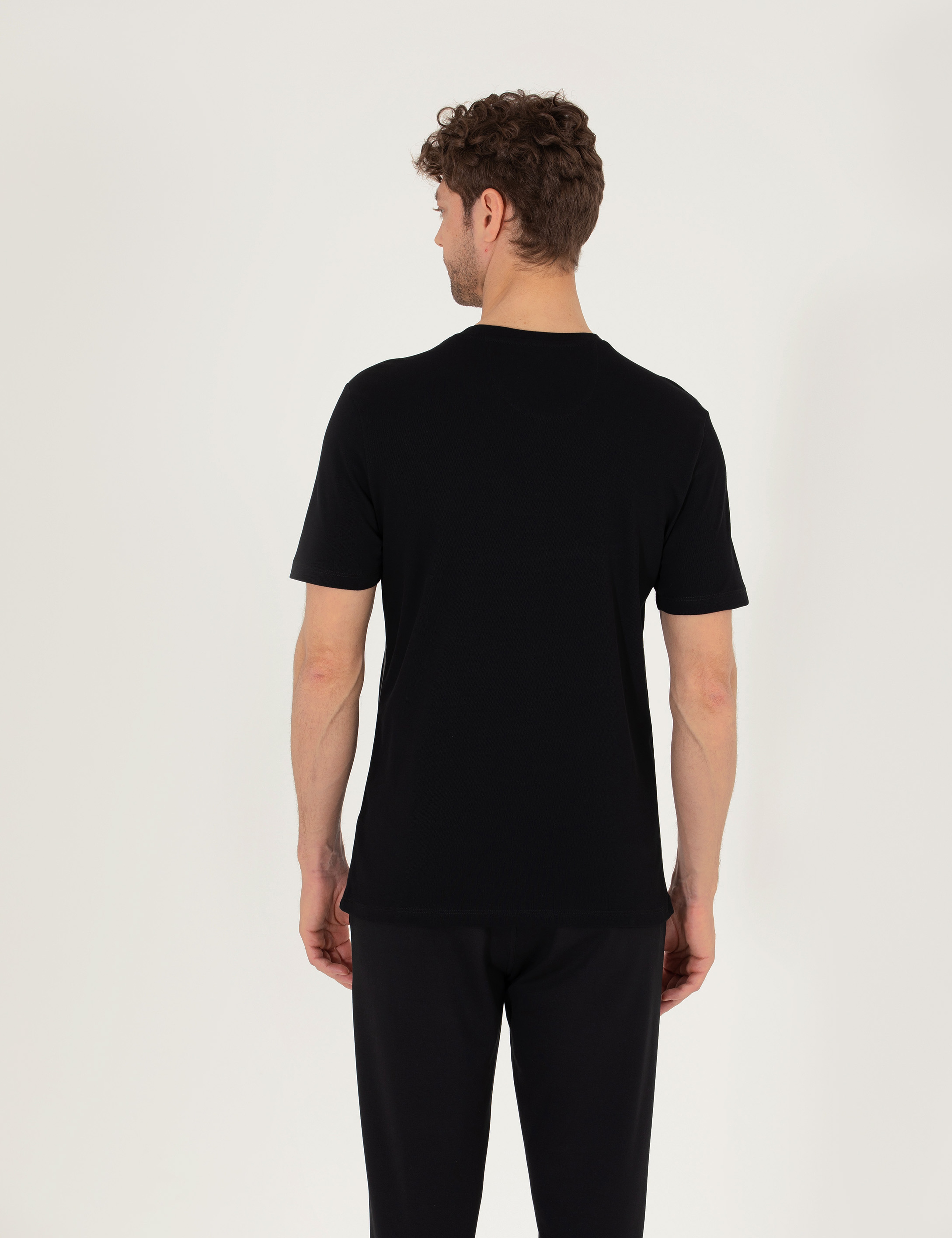 Siyah Slim Fit Baskılı Bisiklet Yaka Tişört